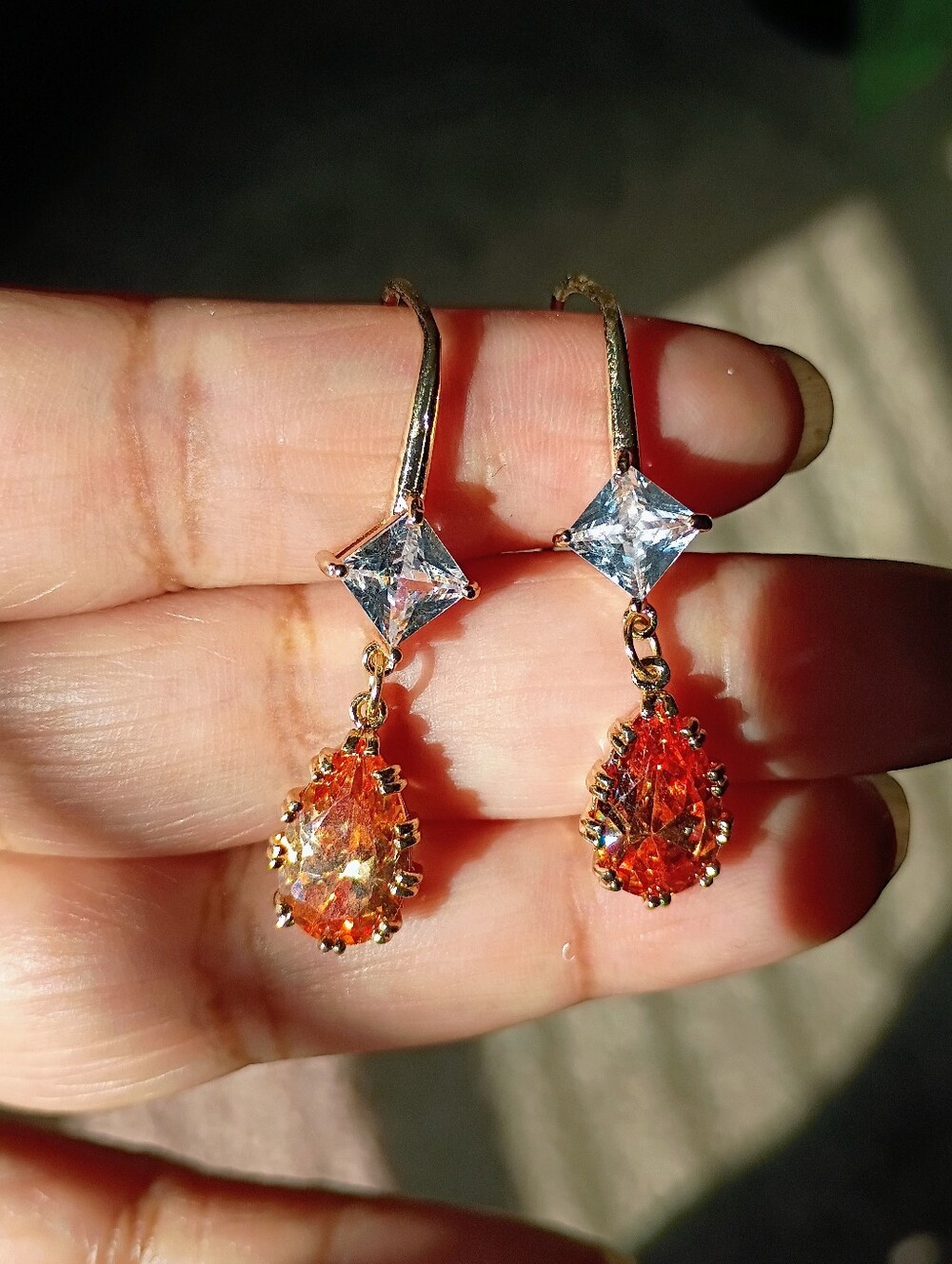 New Gold Drop Earrings with Orange Teardrop and Clear Square Stones